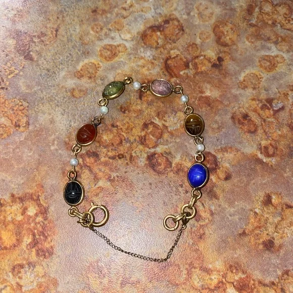 Vintage 12K Gold Filled Multi Stone Scarab Beetle Link Bracelet Artisan Handmade - Picture 1 of 5